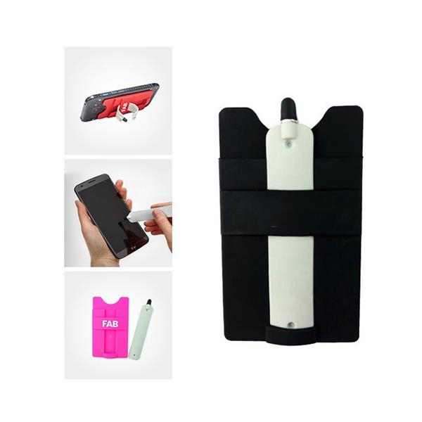 F511229 硅胶手机背贴卡套带触控笔三合一硅胶卡套多功能卡套支架